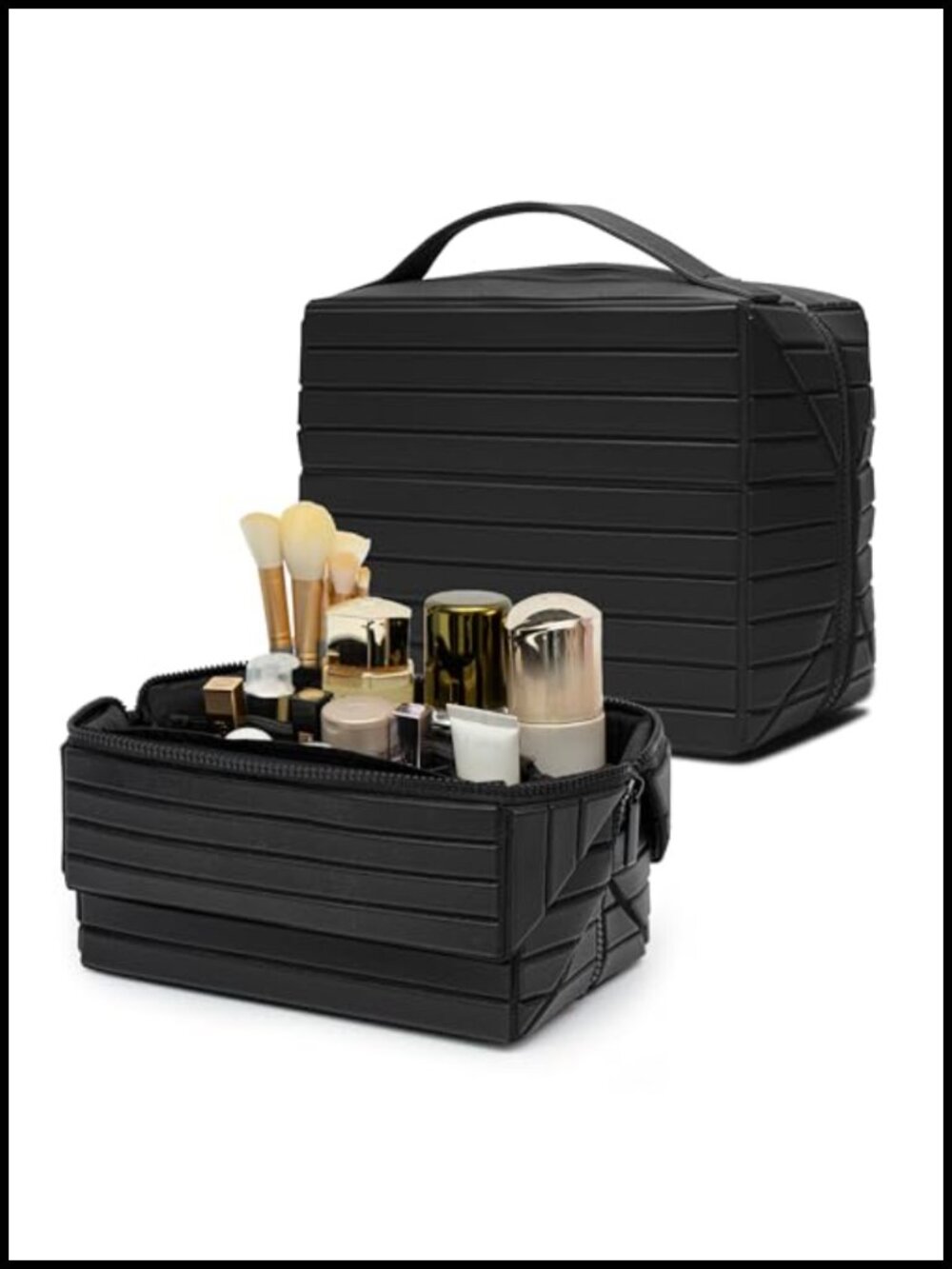 PU Leather Travel Makeup Bag Wide-Open Pouch Fold-Down Adjustable Dividers